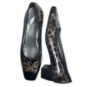 Roberto Cavalli Brown Croc-Print Leather Block Heel Pumps
